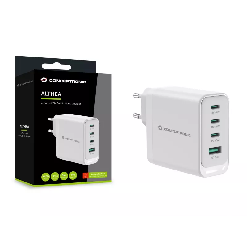 Conceptronic ALTHEA22W100 4-Port 100W GaN USB PD lādētājs, USB-C x 3, USB-A x 1, QC 3.0, PPS, PD 3.0