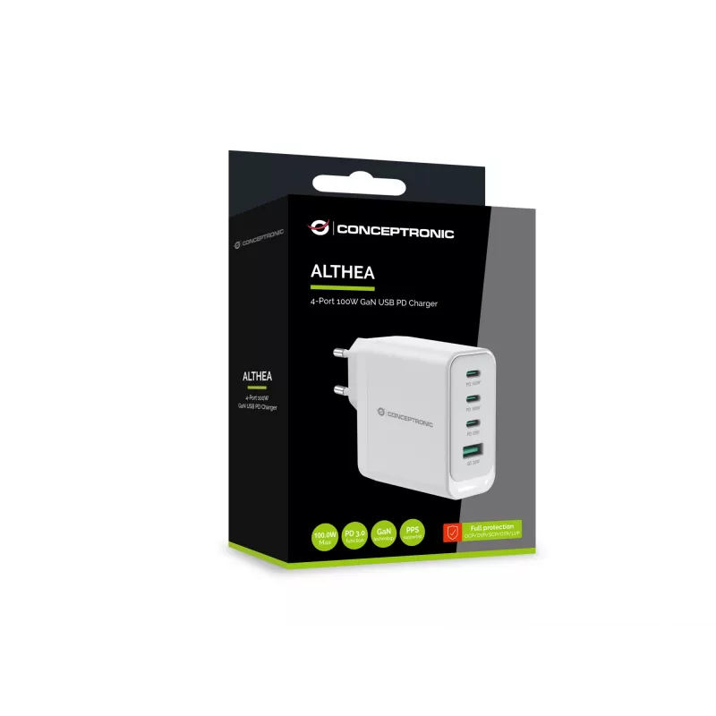 Conceptronic ALTHEA22W100 4-Port 100W GaN USB PD lādētājs, USB-C x 3, USB-A x 1, QC 3.0, PPS, PD 3.0