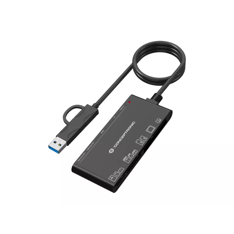 7-in-1 Card Reader CONCEPTRONIC BIAN10B — USB 3.2 Gen 1 Type-A/Type-C, CF/MMC/MS/SD/MicroSD/xD, Melns