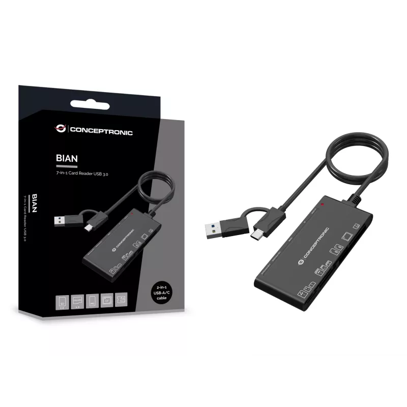 7-in-1 Card Reader CONCEPTRONIC BIAN10B — USB 3.2 Gen 1 Type-A/Type-C, CF/MMC/MS/SD/MicroSD/xD, Melns