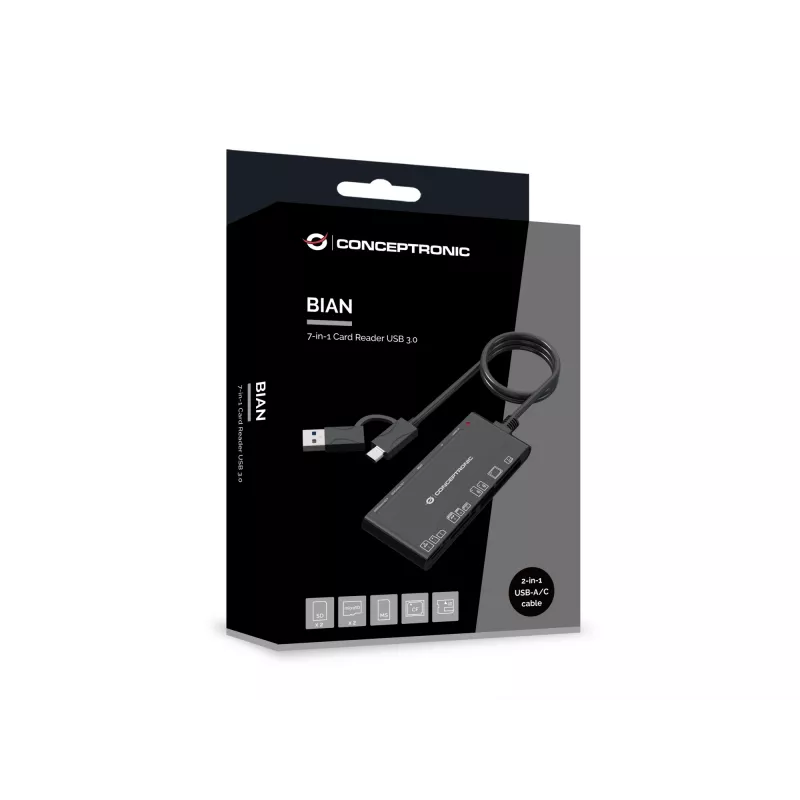 7-in-1 Card Reader CONCEPTRONIC BIAN10B — USB 3.2 Gen 1 Type-A/Type-C, CF/MMC/MS/SD/MicroSD/xD, Melns