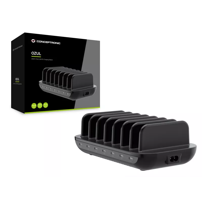 Conceptronic OZUL07B 160 W 7 portu USB PD uzlādes stacija, USB-C x 7, PD 3.0