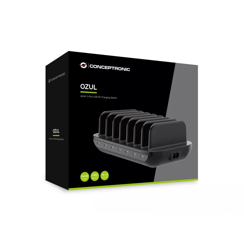 Conceptronic OZUL07B 160 W 7 portu USB PD uzlādes stacija, USB-C x 7, PD 3.0