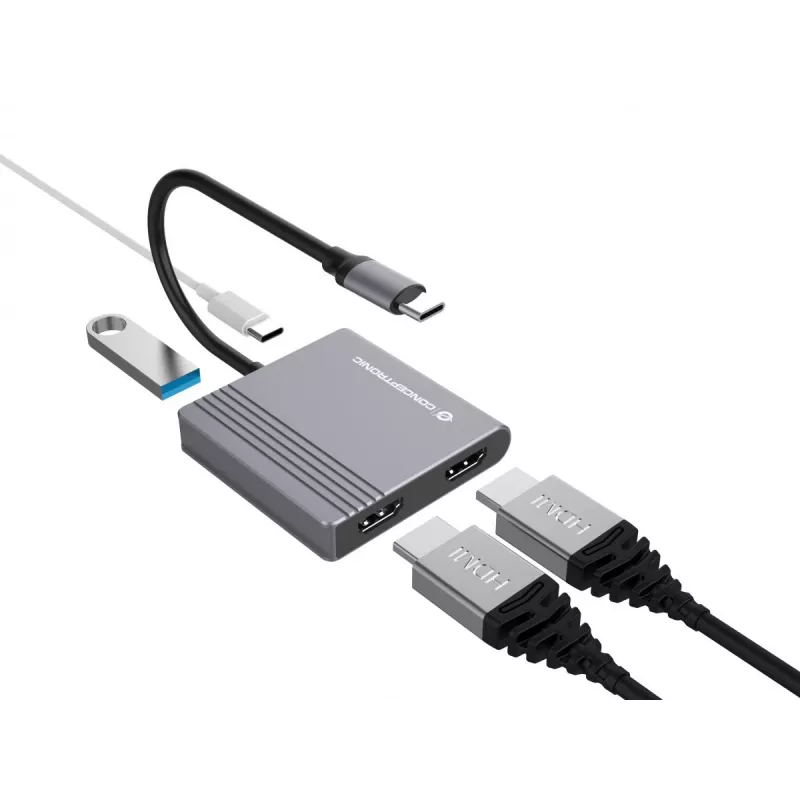 Conceptronic DONN13G klēpjdatora dokstacija/portu replikators, vadu, USB 3.2 Gen 1 (3.1 Gen 1) Type-C, pelēks
