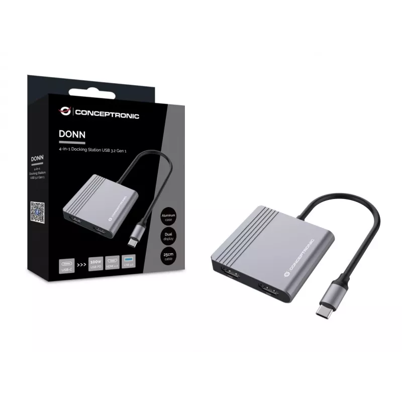 Conceptronic DONN13G klēpjdatora dokstacija/portu replikators, vadu, USB 3.2 Gen 1 (3.1 Gen 1) Type-C, pelēks