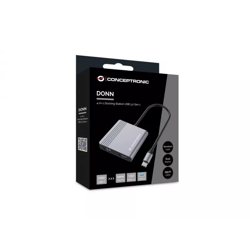 Conceptronic DONN13G klēpjdatora dokstacija/portu replikators, vadu, USB 3.2 Gen 1 (3.1 Gen 1) Type-C, pelēks
