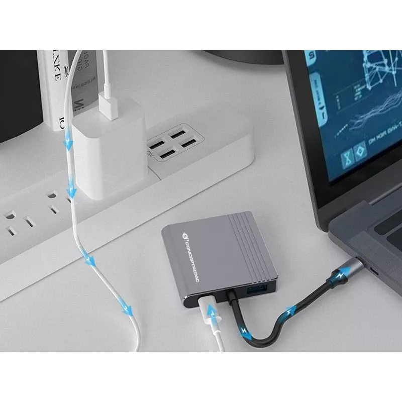Conceptronic DONN13G klēpjdatora dokstacija/portu replikators, vadu, USB 3.2 Gen 1 (3.1 Gen 1) Type-C, pelēks