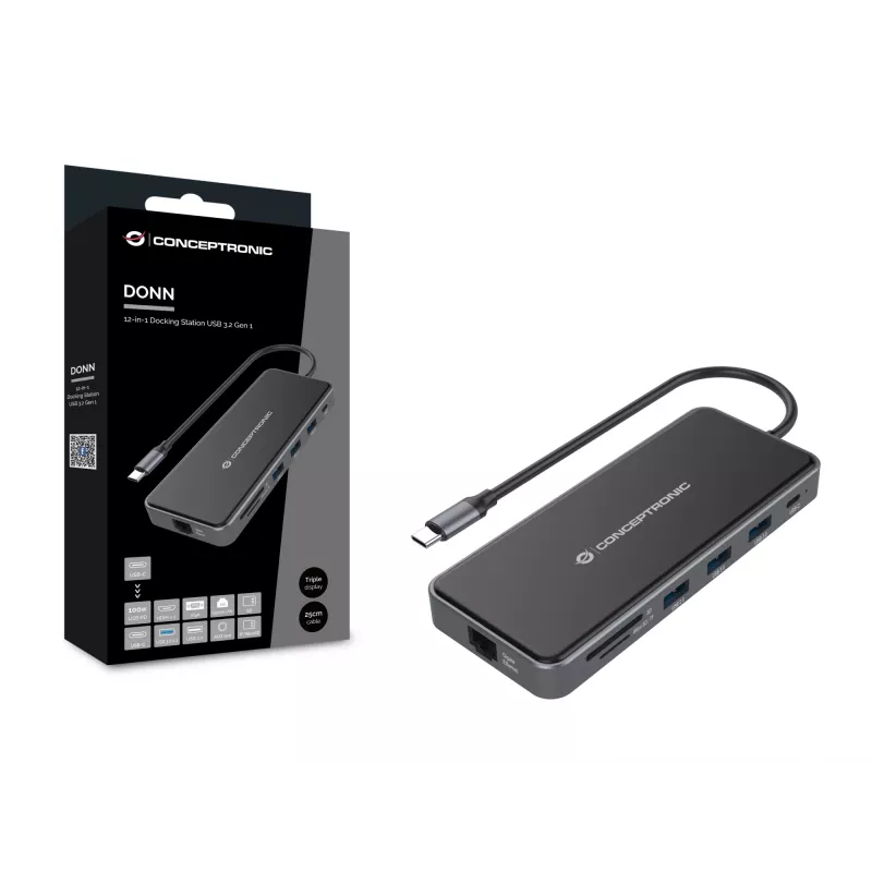 Conceptronic DONN15G portatīvā datora dokstacija/portu replikators Vadu USB 3.2 Gen 1 (3.1 Gen 1) Type-C Pelēks
