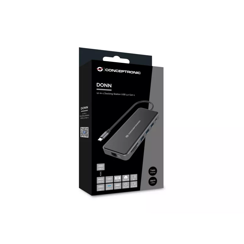 Conceptronic DONN15G portatīvā datora dokstacija/portu replikators Vadu USB 3.2 Gen 1 (3.1 Gen 1) Type-C Pelēks