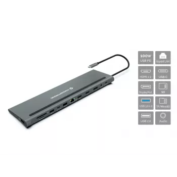 Conceptronic DONN17G piezīmjdatora dokstacija/portu replikators, vadu, USB 3.2 Gen 1 (3.1 Gen 1) Type-C, pelēks