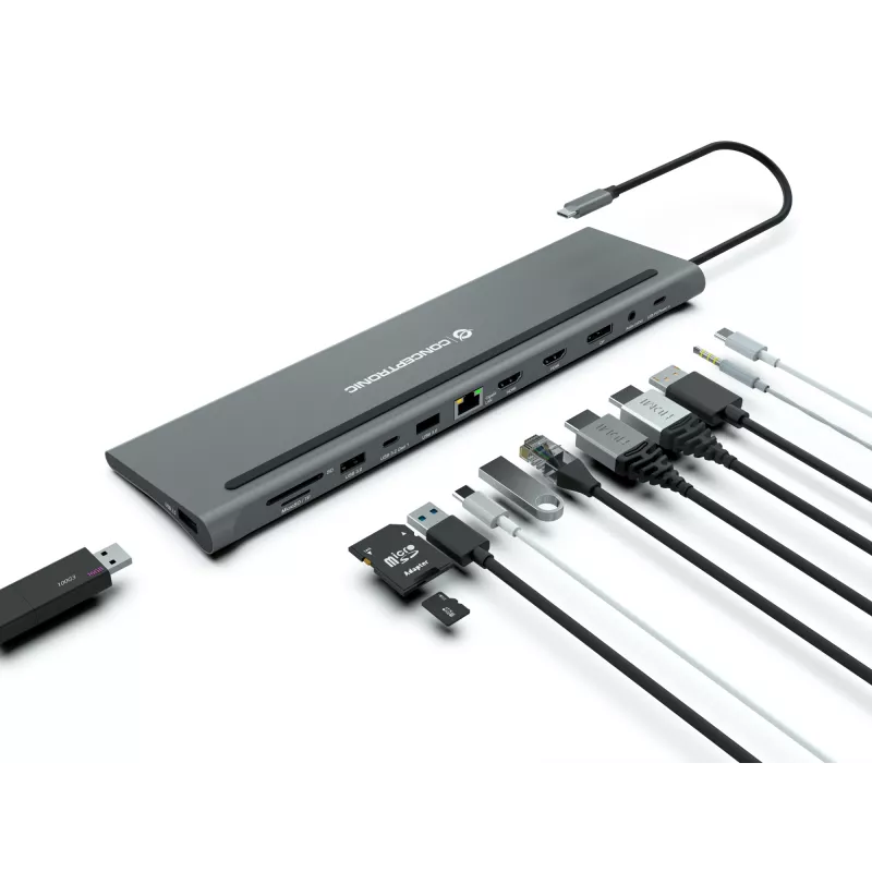 Conceptronic DONN17G piezīmjdatora dokstacija/portu replikators, vadu, USB 3.2 Gen 1 (3.1 Gen 1) Type-C, pelēks