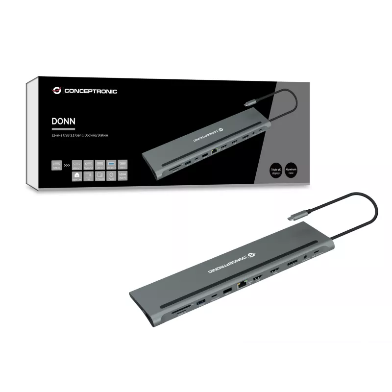 Conceptronic DONN17G piezīmjdatora dokstacija/portu replikators, vadu, USB 3.2 Gen 1 (3.1 Gen 1) Type-C, pelēks