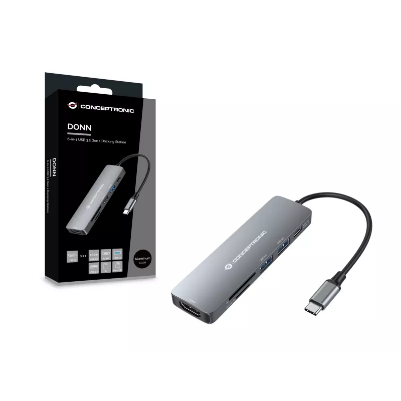 Conceptronic DONN11G 6-in-1 USB 3.2 Gen 1 dokstacija, HDMI, 100W USB PD, USB 3.0, USB 2.0, SD, TF/MicroSD