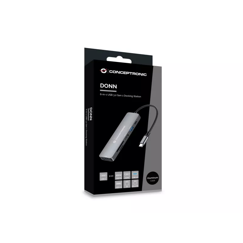 Conceptronic DONN11G 6-in-1 USB 3.2 Gen 1 dokstacija, HDMI, 100W USB PD, USB 3.0, USB 2.0, SD, TF/MicroSD