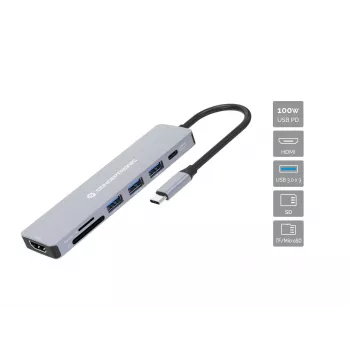 Conceptronic DONN19G 7-in-1 USB 3.2 Gen 1 Dokstacija, HDMI, USB-A 3.0 x 3, SD, TF/MicroSD, 100W USB PD