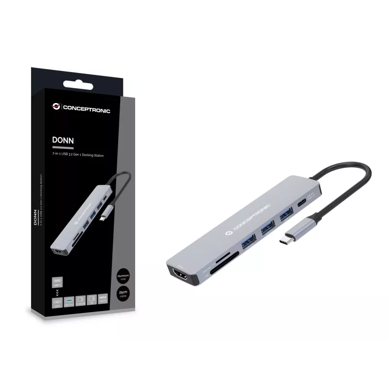 Conceptronic DONN19G 7-in-1 USB 3.2 Gen 1 Dokstacija, HDMI, USB-A 3.0 x 3, SD, TF/MicroSD, 100W USB PD