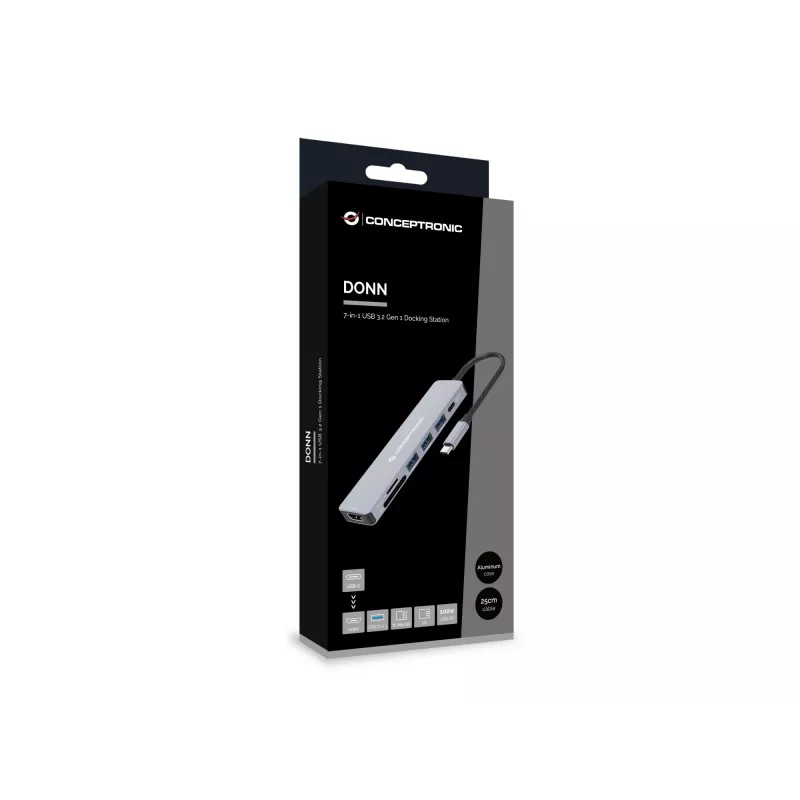 Conceptronic DONN19G 7-in-1 USB 3.2 Gen 1 Dokstacija, HDMI, USB-A 3.0 x 3, SD, TF/MicroSD, 100W USB PD