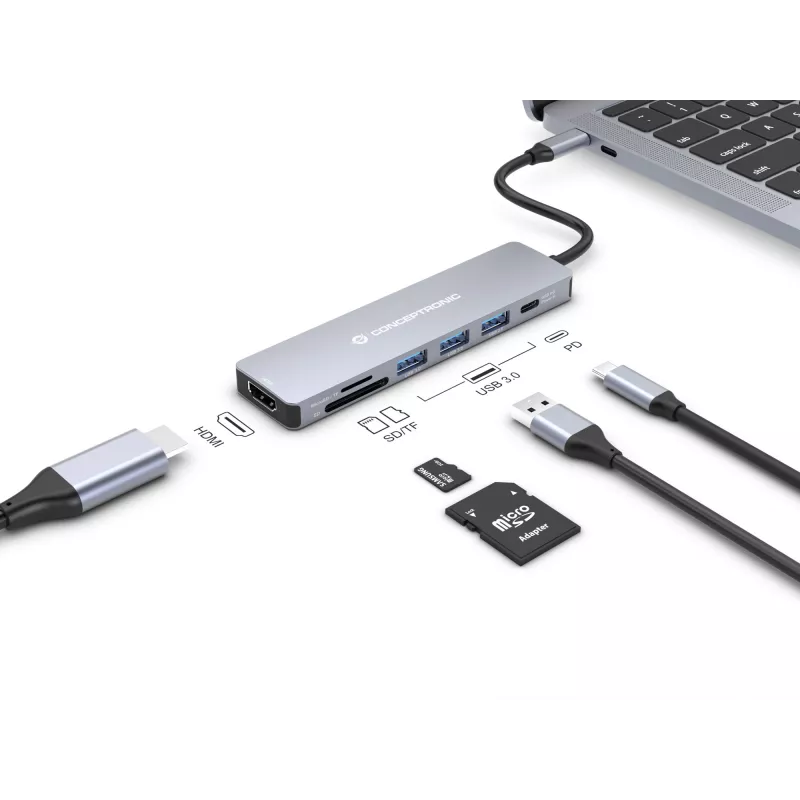 Conceptronic DONN19G 7-in-1 USB 3.2 Gen 1 Dokstacija, HDMI, USB-A 3.0 x 3, SD, TF/MicroSD, 100W USB PD
