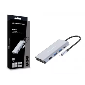 Conceptronic DONN20G 10-in-1 USB 3.2 Gen 1 Dokstacija, HDMI, VGA, USB-A 3.0 x 3, SD, TF/MicroSD, Audio, GbE LAN, 100 W USB PD