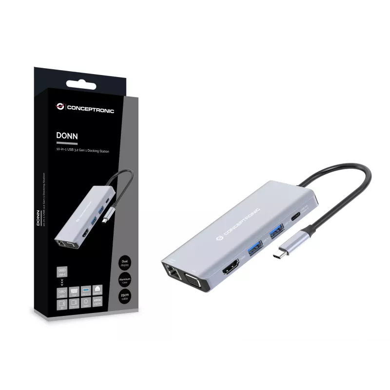 Conceptronic DONN20G 10-in-1 USB 3.2 Gen 1 Dokstacija, HDMI, VGA, USB-A 3.0 x 3, SD, TF/MicroSD, Audio, GbE LAN, 100 W USB PD