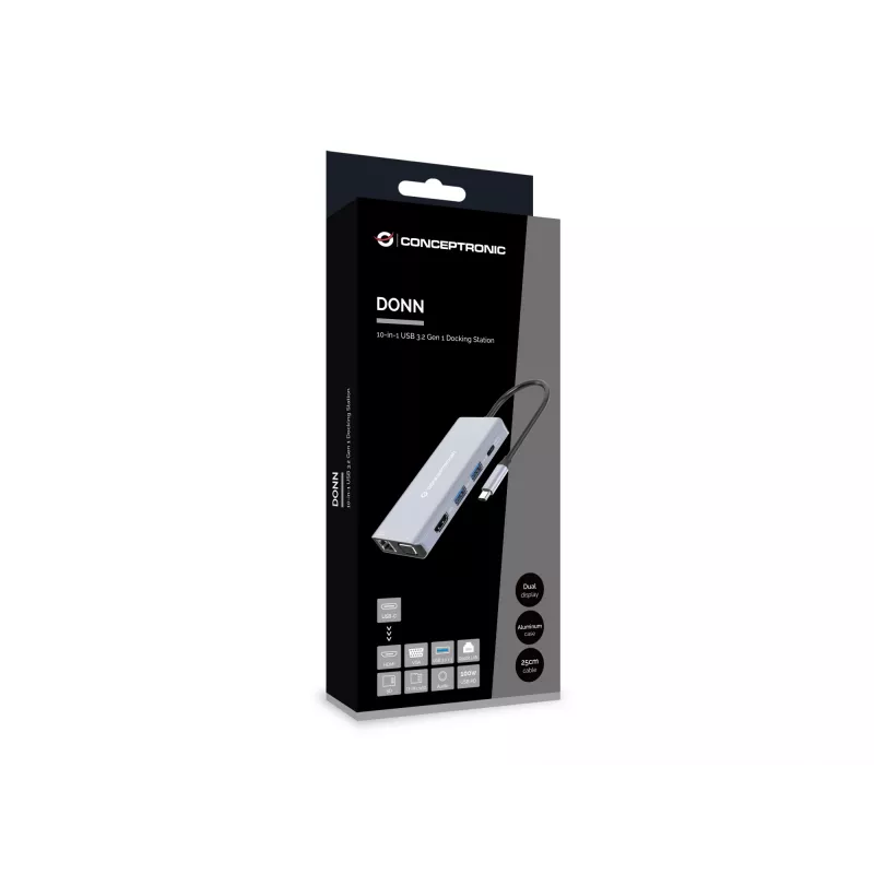 Conceptronic DONN20G 10-in-1 USB 3.2 Gen 1 Dokstacija, HDMI, VGA, USB-A 3.0 x 3, SD, TF/MicroSD, Audio, GbE LAN, 100 W USB PD