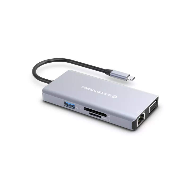 Conceptronic DONN20G 10-in-1 USB 3.2 Gen 1 Dokstacija, HDMI, VGA, USB-A 3.0 x 3, SD, TF/MicroSD, Audio, GbE LAN, 100 W USB PD