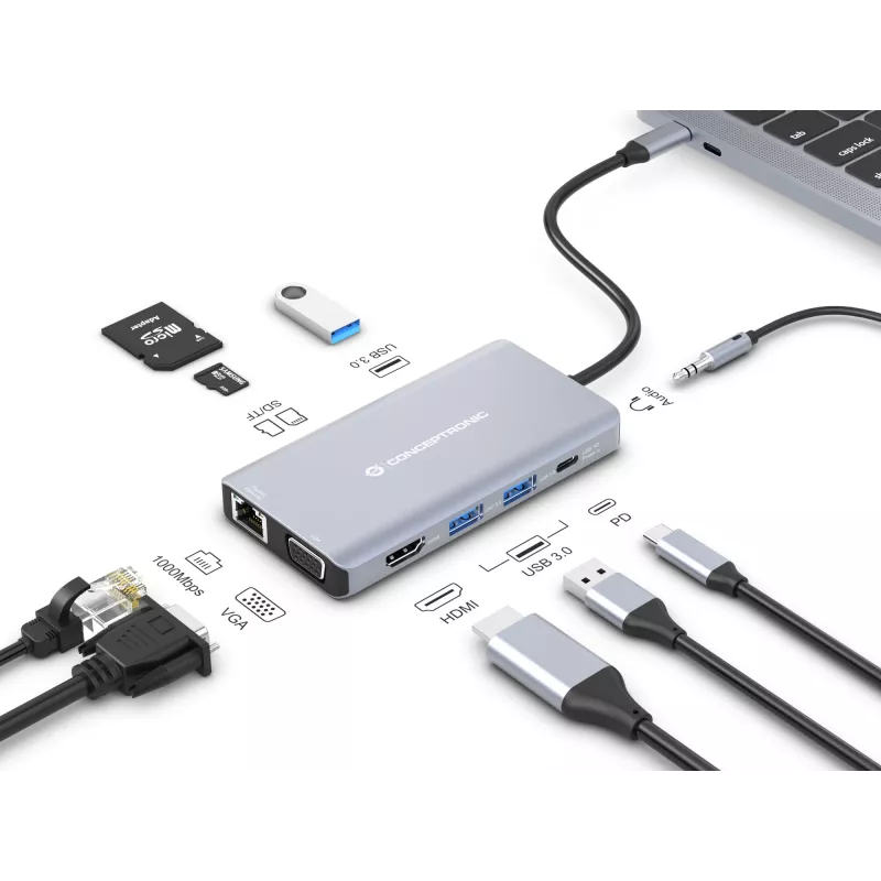Conceptronic DONN20G 10-in-1 USB 3.2 Gen 1 Dokstacija, HDMI, VGA, USB-A 3.0 x 3, SD, TF/MicroSD, Audio, GbE LAN, 100 W USB PD