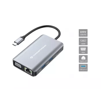 Conceptronic DONN21G klēpjdatora dokstacija / portu replikators, vadu, USB 3.2 Gen 1 (3.1 Gen 1) Type-C, pelēks