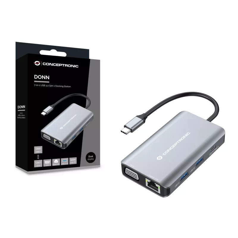 Conceptronic DONN21G klēpjdatora dokstacija / portu replikators, vadu, USB 3.2 Gen 1 (3.1 Gen 1) Type-C, pelēks