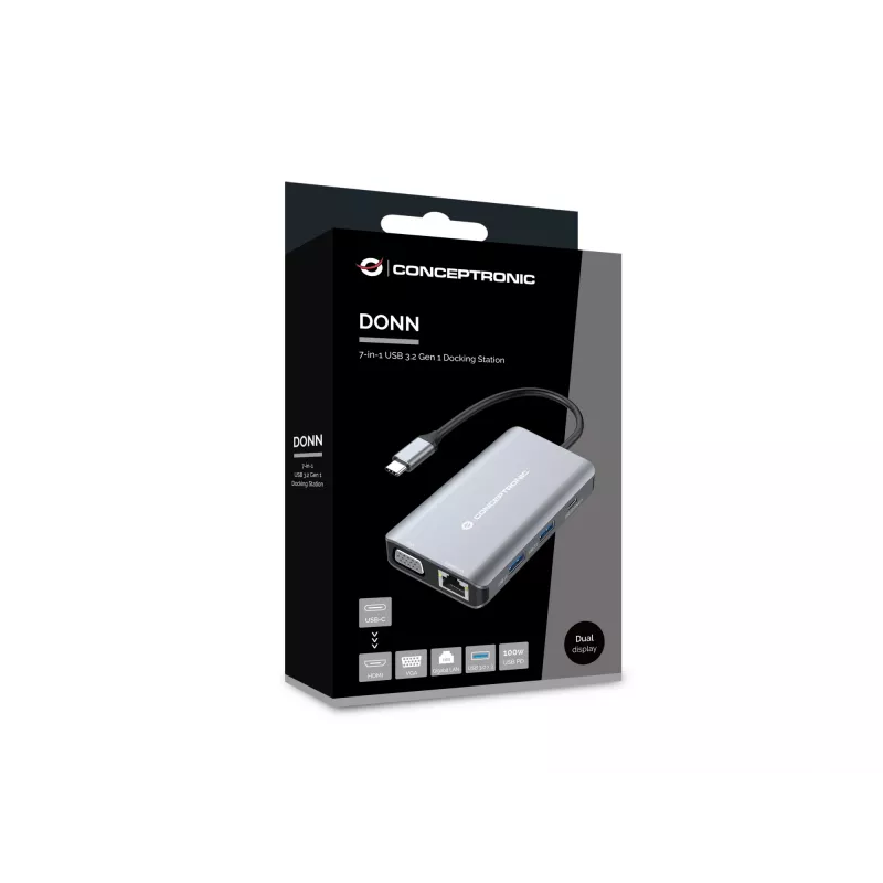 Conceptronic DONN21G klēpjdatora dokstacija / portu replikators, vadu, USB 3.2 Gen 1 (3.1 Gen 1) Type-C, pelēks