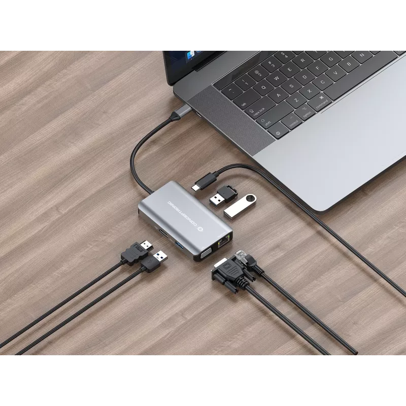 Conceptronic DONN21G klēpjdatora dokstacija / portu replikators, vadu, USB 3.2 Gen 1 (3.1 Gen 1) Type-C, pelēks