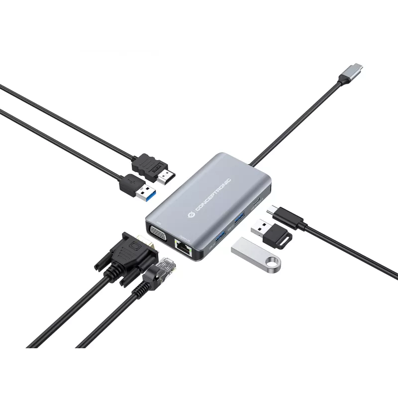 Conceptronic DONN21G klēpjdatora dokstacija / portu replikators, vadu, USB 3.2 Gen 1 (3.1 Gen 1) Type-C, pelēks