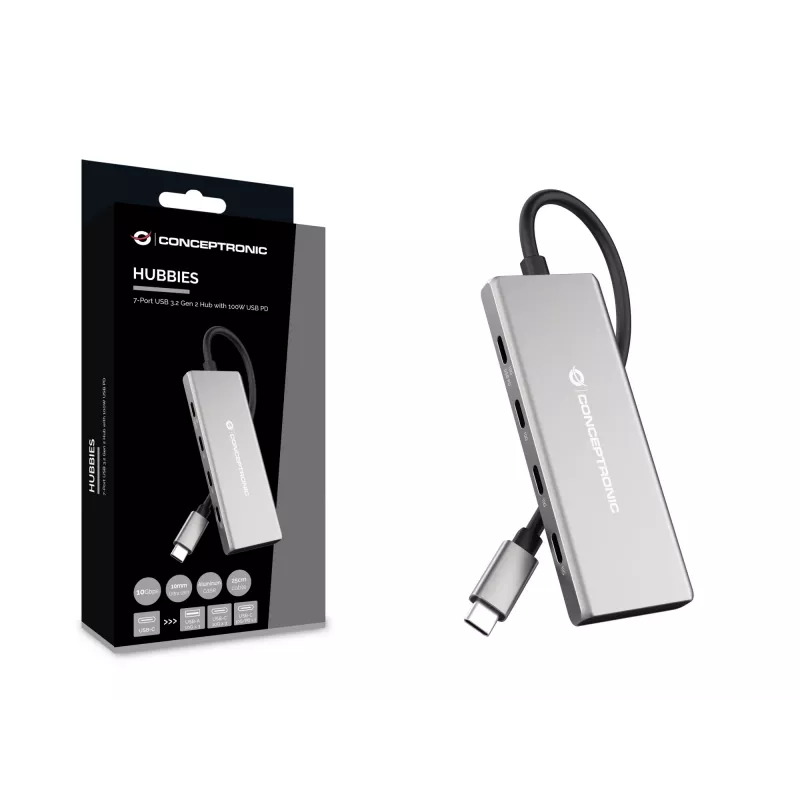 Conceptronic HUBBIES17G saskarnes centrmezgls USB 3.2 Gen 2 (3.1 Gen 2) Type-C 10000 Mbit/s Pelēks