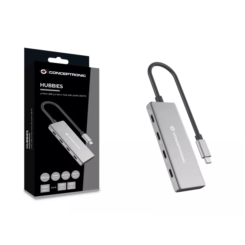 Conceptronic HUBBIES16G saskarnes centrmezgls USB 3.2 Gen 2 (3.1 Gen 2) Type-C 10000 Mbit/s Pelēks