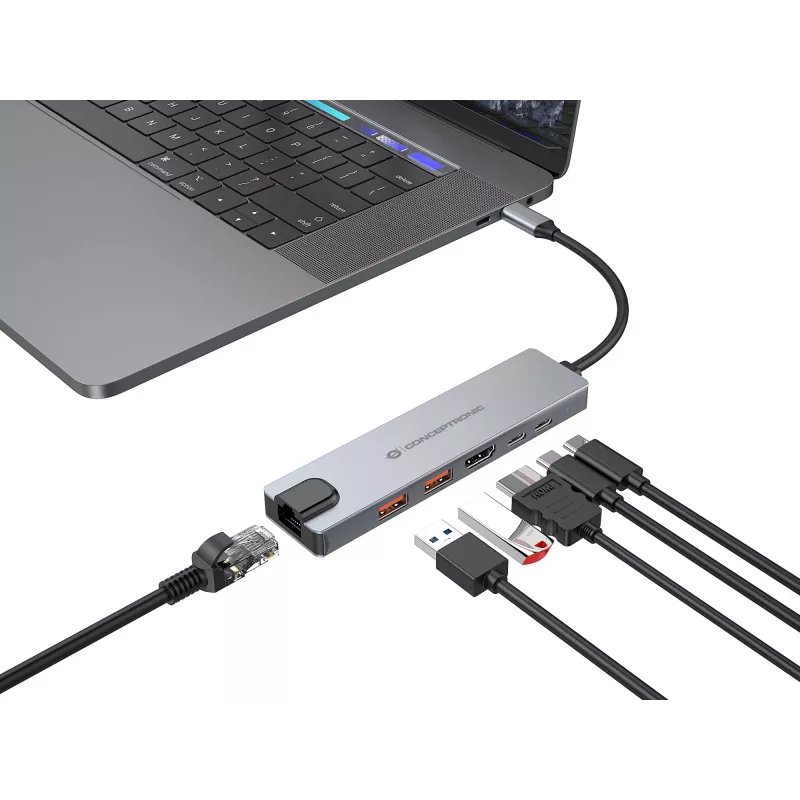 Conceptronic DONN29G 6-in-1 USB 3.2 Gen 2 dokstacija, 4K60Hz HDMI, USB-A 10Gbps x 2, USB-C 10Gbps, GbE LAN, 140W USB PD 3.1