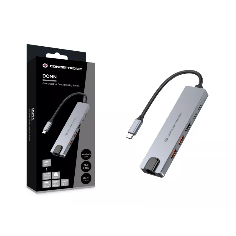 Conceptronic DONN29G 6-in-1 USB 3.2 Gen 2 dokstacija, 4K60Hz HDMI, USB-A 10Gbps x 2, USB-C 10Gbps, GbE LAN, 140W USB PD 3.1