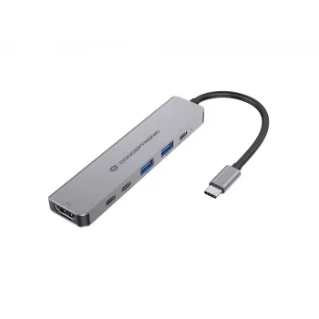 6-in-1 USB 3.2 Gen 1 Dokingstacija CONCEPTRONIC DONN33G HDMI, 2×USB-A 5Gbps, 2×USB-C 5Gbps, 100W USB PD, Sudraba