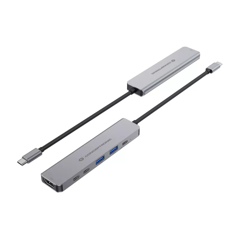6-in-1 USB 3.2 Gen 1 Dokingstacija CONCEPTRONIC DONN33G HDMI, 2×USB-A 5Gbps, 2×USB-C 5Gbps, 100W USB PD, Sudraba
