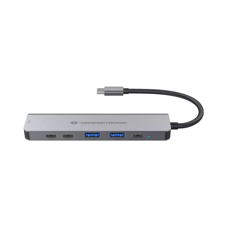 6-in-1 USB 3.2 Gen 1 Dokingstacija CONCEPTRONIC DONN33G HDMI, 2×USB-A 5Gbps, 2×USB-C 5Gbps, 100W USB PD, Sudraba
