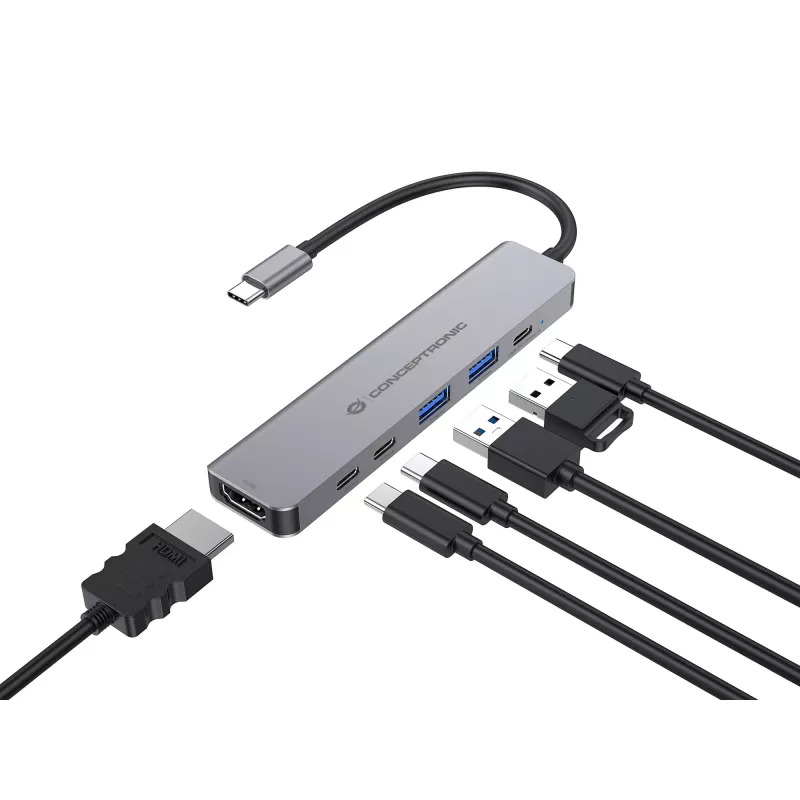 6-in-1 USB 3.2 Gen 1 Dokingstacija CONCEPTRONIC DONN33G HDMI, 2×USB-A 5Gbps, 2×USB-C 5Gbps, 100W USB PD, Sudraba