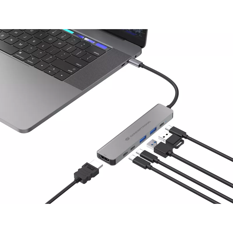 6-in-1 USB 3.2 Gen 1 Dokingstacija CONCEPTRONIC DONN33G HDMI, 2×USB-A 5Gbps, 2×USB-C 5Gbps, 100W USB PD, Sudraba