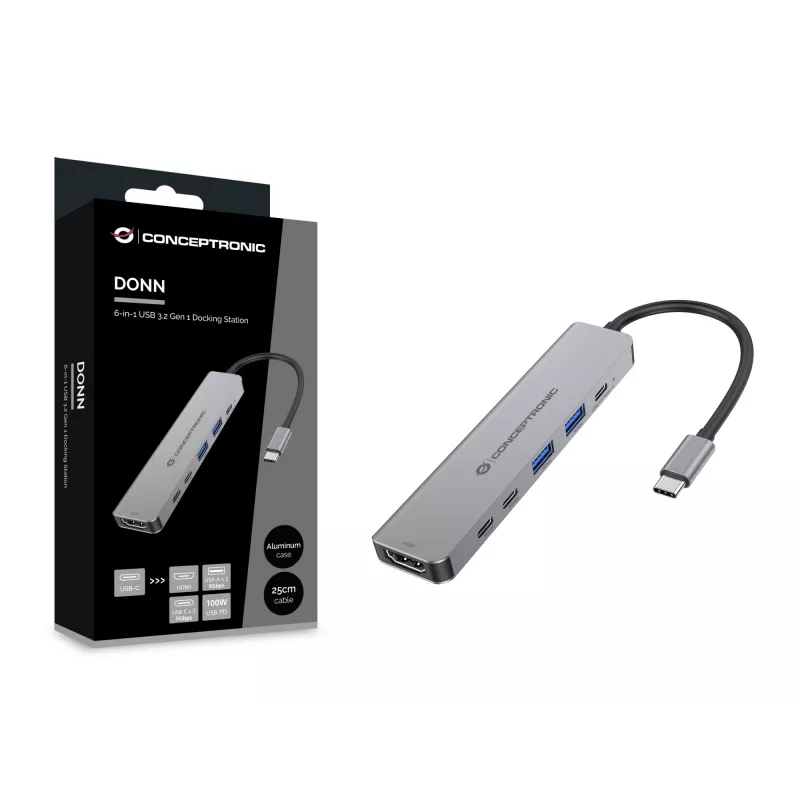6-in-1 USB 3.2 Gen 1 Dokingstacija CONCEPTRONIC DONN33G HDMI, 2×USB-A 5Gbps, 2×USB-C 5Gbps, 100W USB PD, Sudraba