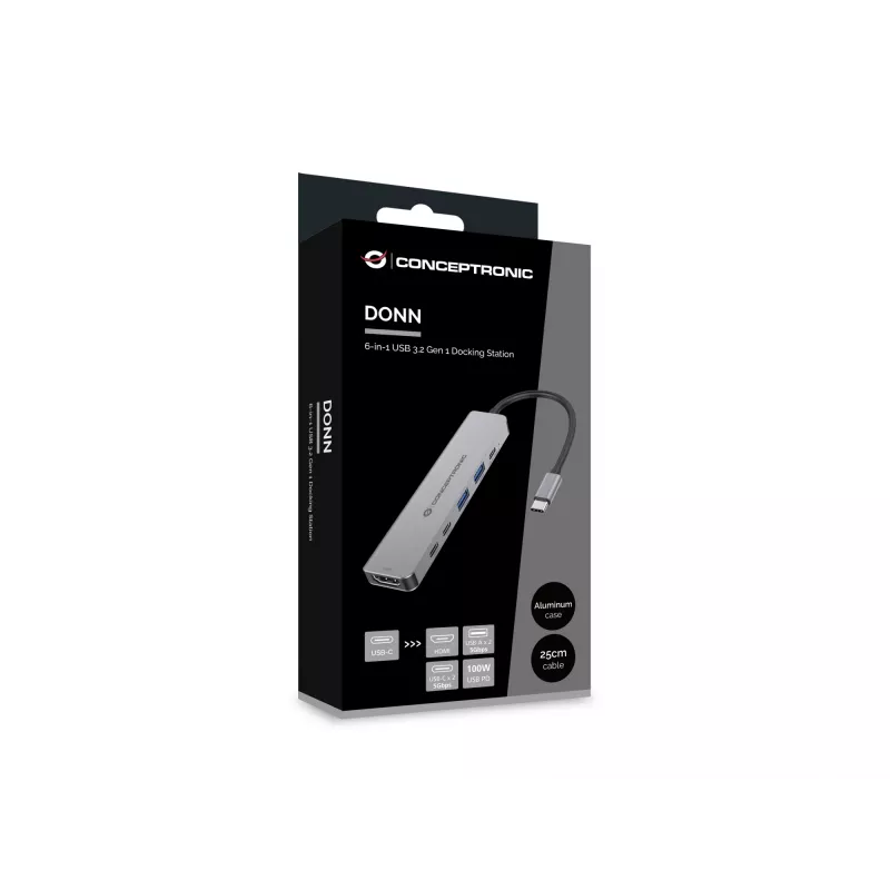 6-in-1 USB 3.2 Gen 1 Dokingstacija CONCEPTRONIC DONN33G HDMI, 2×USB-A 5Gbps, 2×USB-C 5Gbps, 100W USB PD, Sudraba