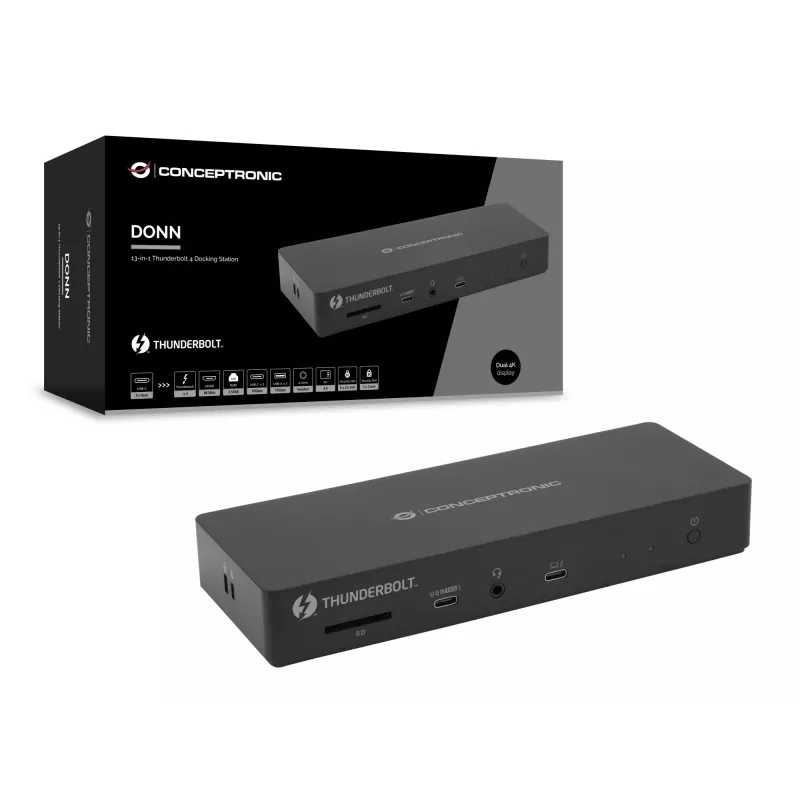 Conceptronic DONN30B 13-in-1 Thunderbolt 4 dokstacija, vadu, Thunderbolt 4, 96 W, 3,5 mm, 10,100,1000,2000,2500 Mbit/s, IEEE 802.3bz