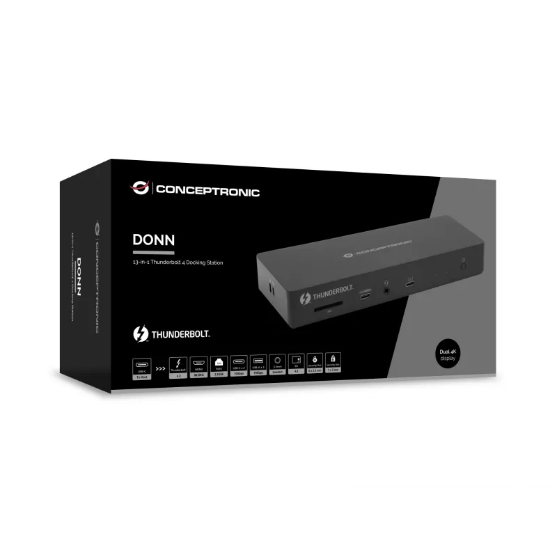 Conceptronic DONN30B 13-in-1 Thunderbolt 4 dokstacija, vadu, Thunderbolt 4, 96 W, 3,5 mm, 10,100,1000,2000,2500 Mbit/s, IEEE 802.3bz