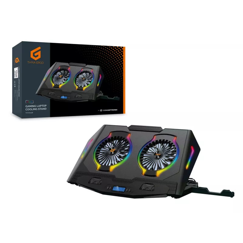 Conceptronic THYIA ERGO 2-Fan Gaming Laptop Cooling Stand, 43.2 cm (17 inch), 2 gab., Pogas, Melns, Zils, Zaļš, Sarkans, Ķīna