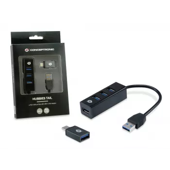 USB centrālmezgls Conceptronic HUBBIES 4-portu USB 3.0 centrālmezgls ar USB-C OTG adapteri