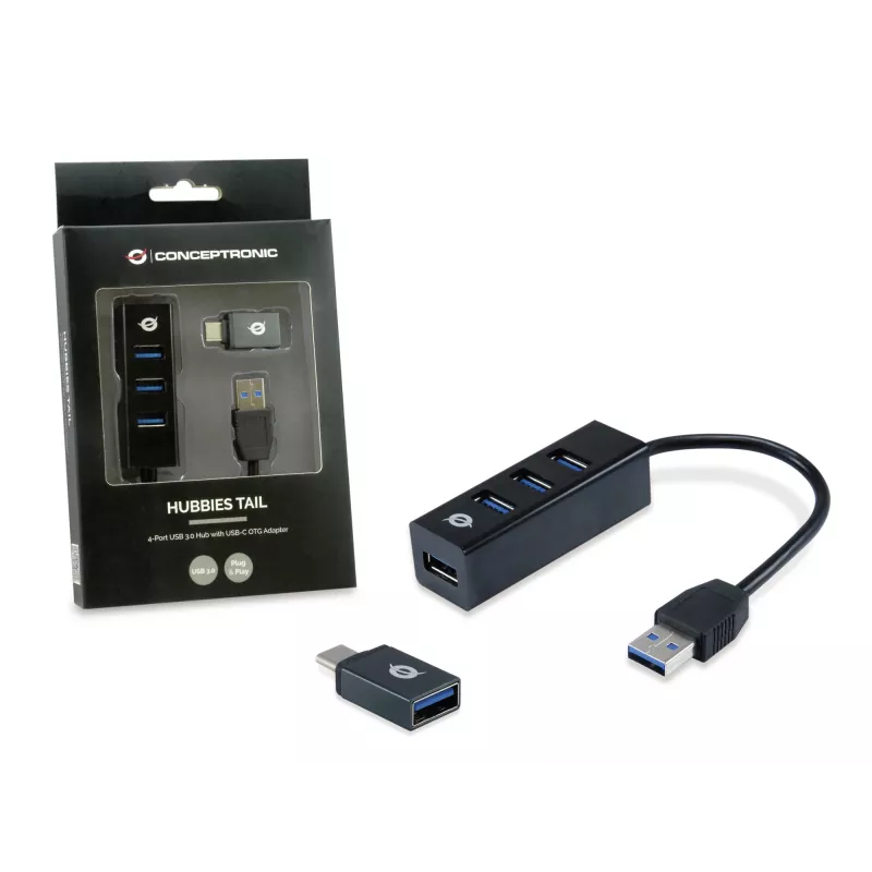 USB centrālmezgls Conceptronic HUBBIES 4-portu USB 3.0 centrālmezgls ar USB-C OTG adapteri
