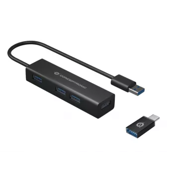 Conceptronic 4 portu USB 3.0 alumīnija centrmezgls ar USB-C uz USB-A adapteri