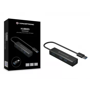 Conceptronic 4 portu USB 3.0 alumīnija centrmezgls ar USB-C uz USB-A adapteri